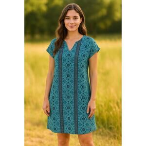 Peppermint Turquoise Print Dress Sz L Sleeveless V-Neck Lightweight Summer